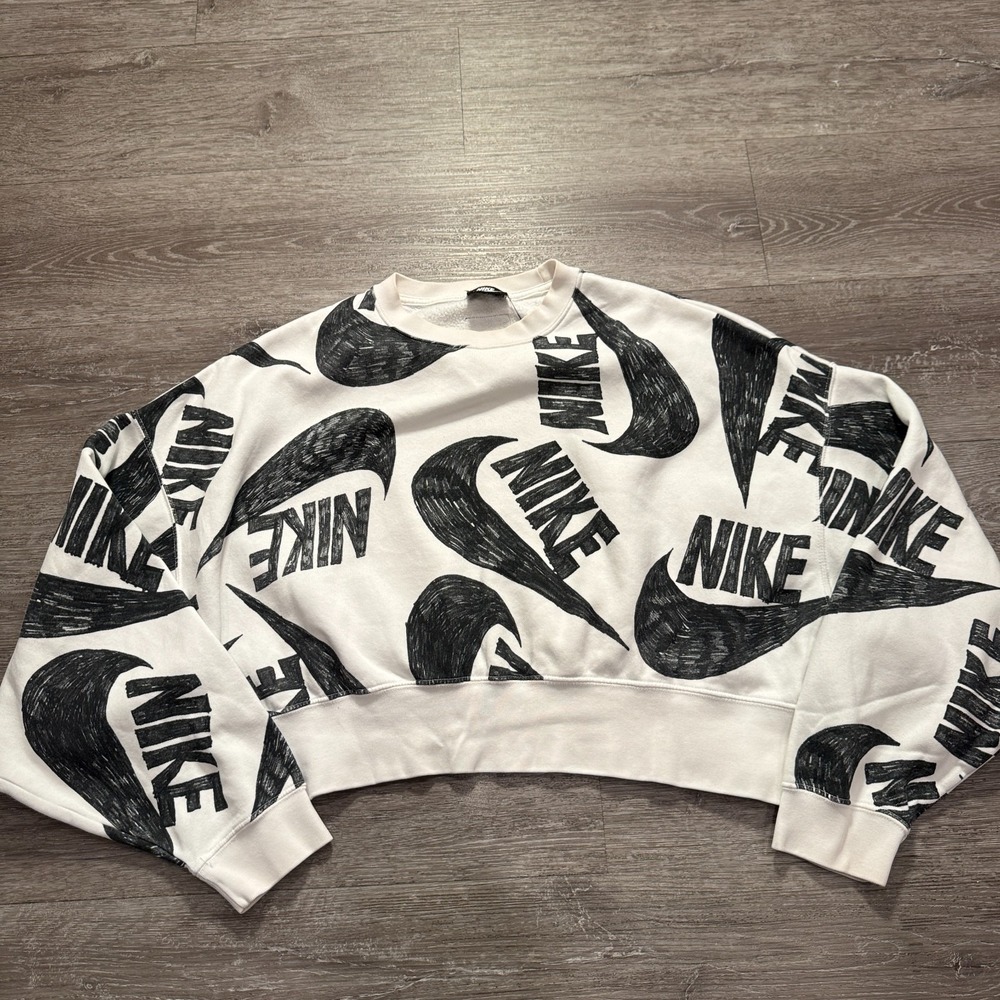 Nike White and Black Logo Cropped Sweatshirt